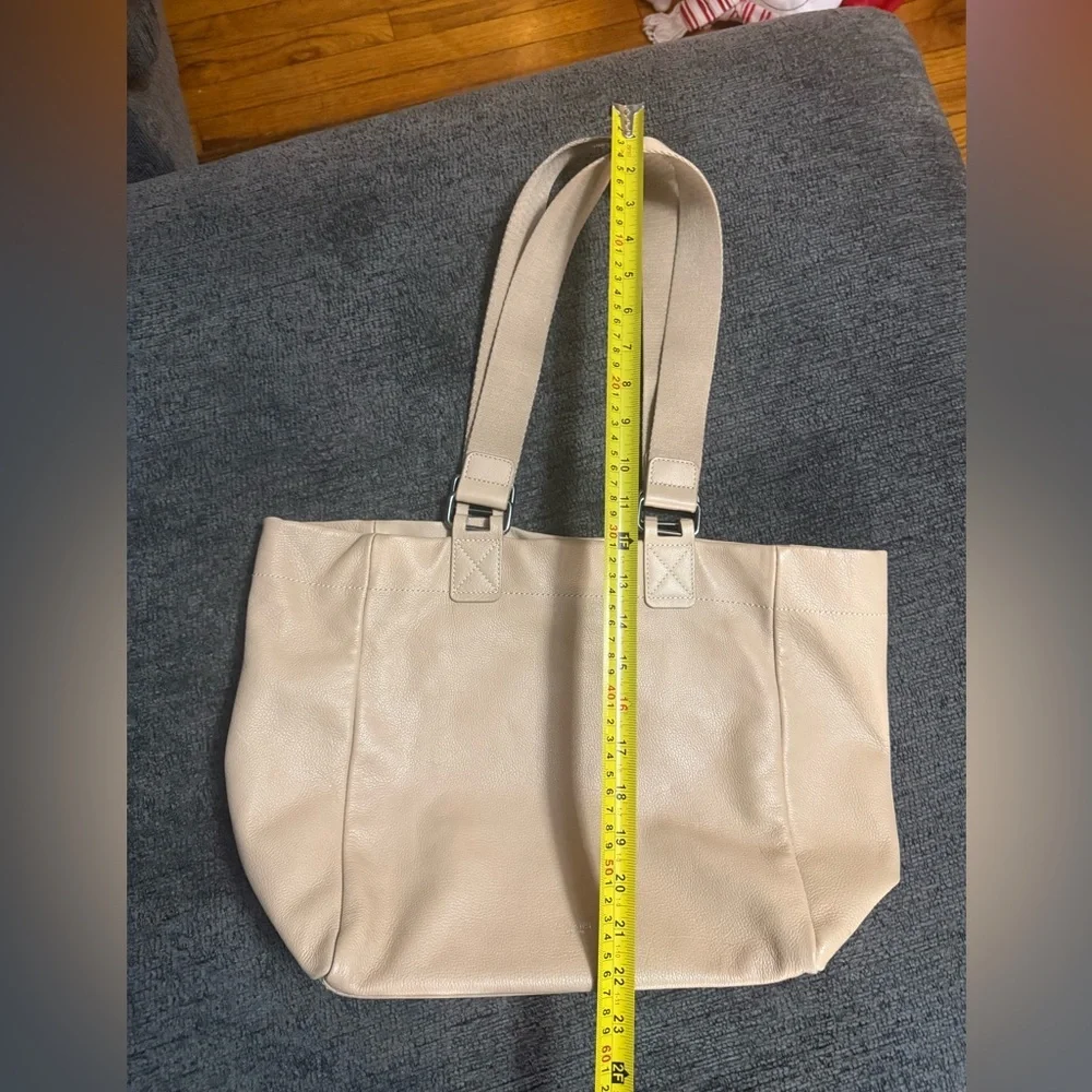 🛍️ BOTKIER New York Nude/Beige Pebbled Leather Tote Bag w/ Logo Web Strap
